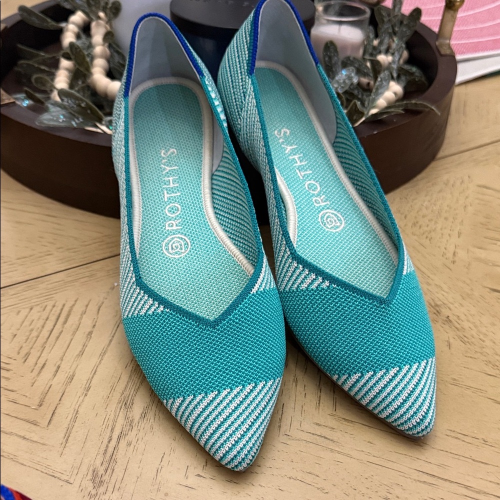 Rothy's Teal and White Striped Flats